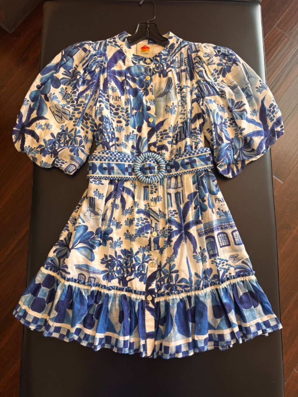 FARM Rio Sweet Rio Blue White Puff Sleeve Belted Mini Dress Size Small